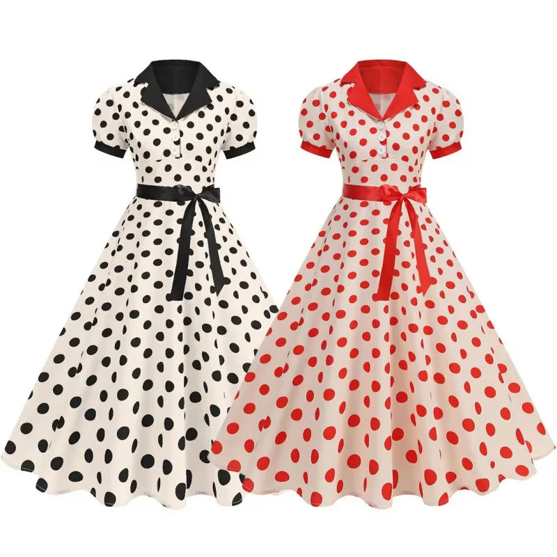 Polka Dot 50s 60s Vintage Dress Women Elegant Belted Robe Women Retro Rockabilly Prom Wedding Party Princess Dress