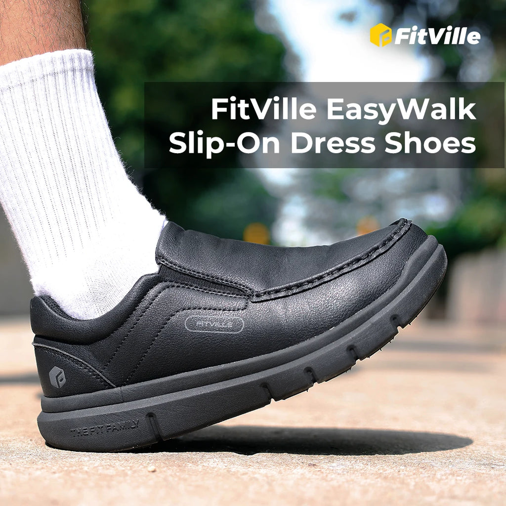 FitVille Men Wide Fit Leather Slip On Casual Loafers, Lightweight Arch Support Walking Shoes, Orthopedic Pain Relief Shoes for Swollen Feet & High Instep