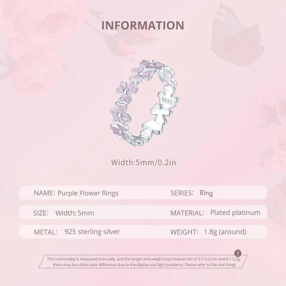 BAMOER 925 Sterling Silver Purple Flower Finger Ring Enamel Wreath Ring for Women Girls Birthday Gift Party Jewelry
