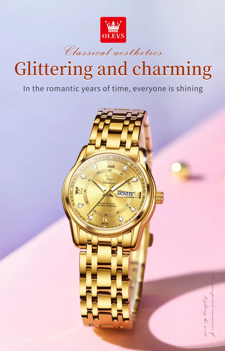 OLEVS 5513 Women's Watches Diamond Dial Dual Calendar Display Stainless steel Ladies Watch