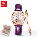 OLEVS 6636 Luxury Women Watch Fully Automatic Hollow Design Diamond Heart Shaped Watch Elegant Mechanical Women Bracelet Watch