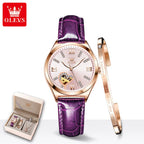 OLEVS 6636 Luxury Women Watch Fully Automatic Hollow Design Diamond Heart Shaped Watch Elegant Mechanical Women Bracelet Watch