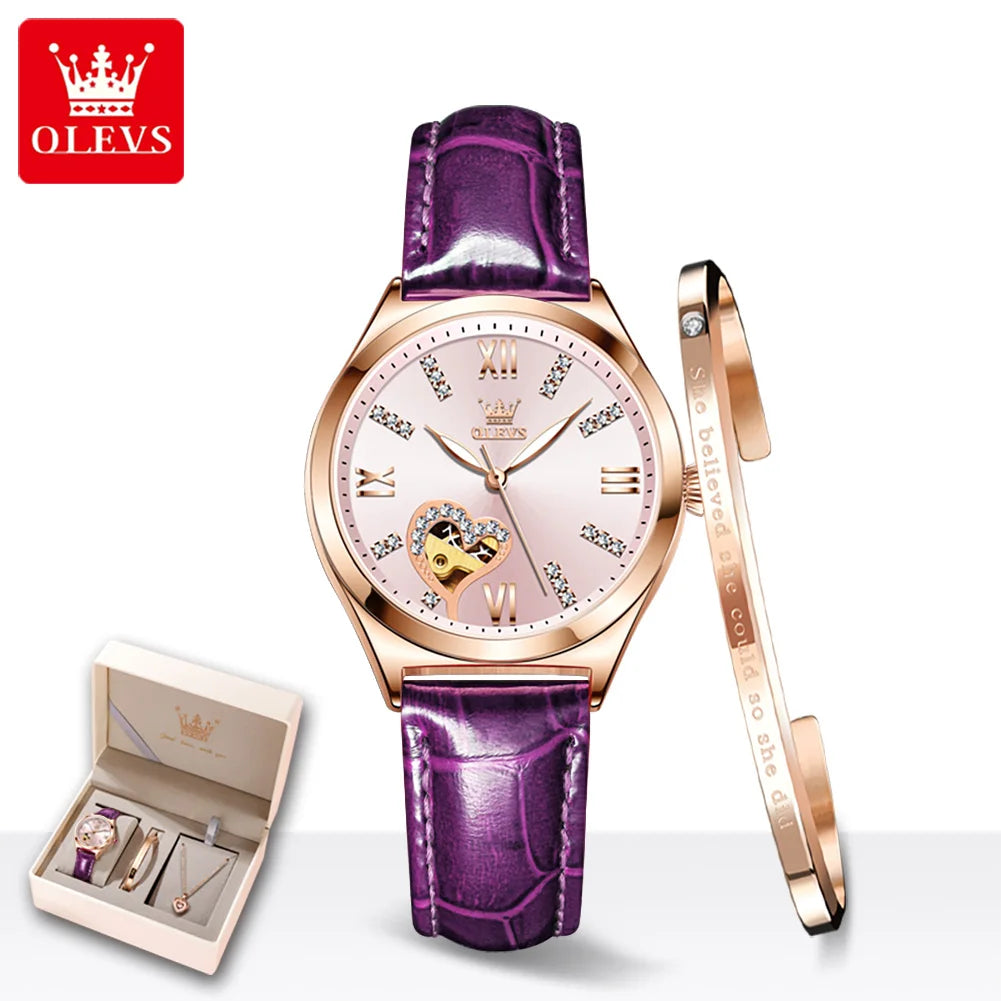 OLEVS 6636 Luxury Women Watch Fully Automatic Hollow Design Diamond Heart Shaped Watch Elegant Mechanical Women Bracelet Watch
