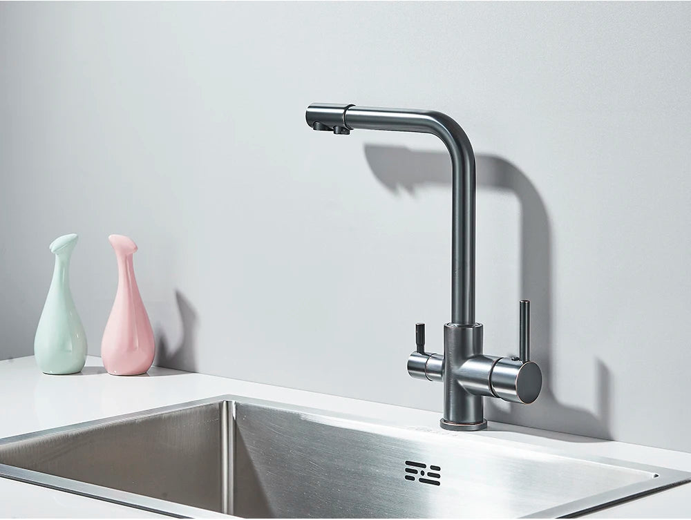 Chrome Purified Water Kitchen Faucet Pure Water Filter Deck Mounted Faucet Crane Dual Handles Hot Cold Water Mixer Taps