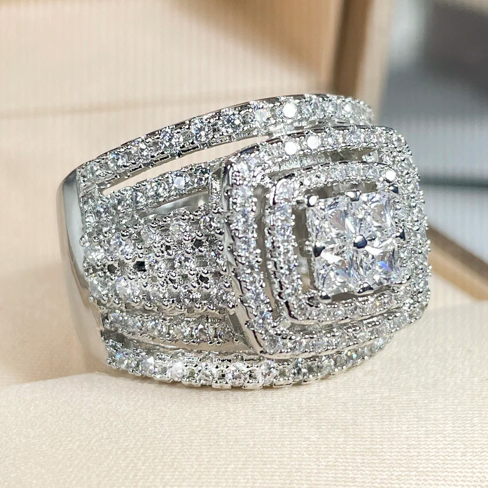 Classic Geometric Full-Diamond White Zircon Ring For Women 925 Silver Openwork Jewelry For Valentine's Day Men's Ring