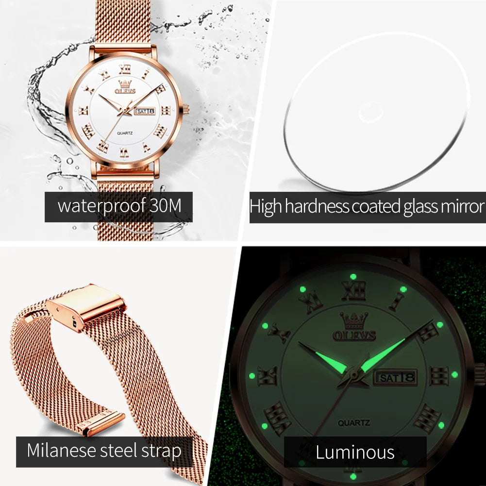 OLEVS 2920 Women's Watch Fashion Original Date Week Display Mesh Strap Roman Dial Luminous Ladies Quartz Wristwatch