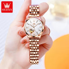 OLEVS Brand 2024 New Fashion Hollow Mechanical Watch for Women Luxury Stainless Steel Strap Waterproof Luminous Womens Watches