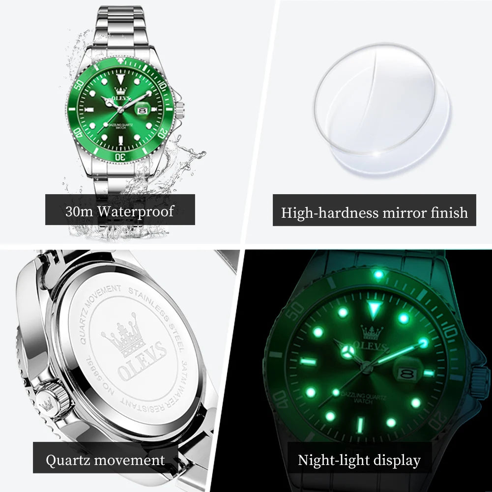 OLEVS 5885 Original Women Watch Top Luxury Quartz Watch Classic Green Dial Waterproof Luminous Date Watch Women Authentic Watch