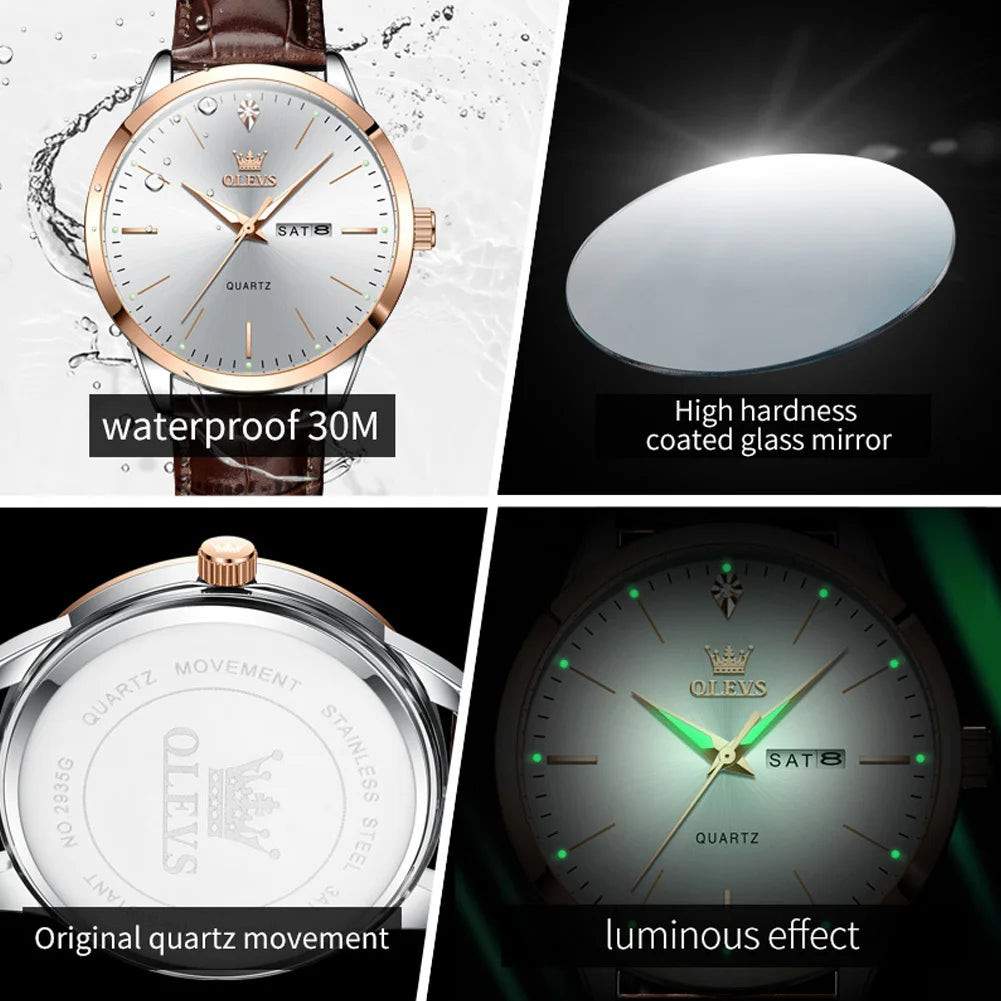 OLEVS 2935 Business Men's Watch Luxury Leisure Dual Calendar Waterproof Luminous Large Dial Watch Top Brand Men Quartz Watch