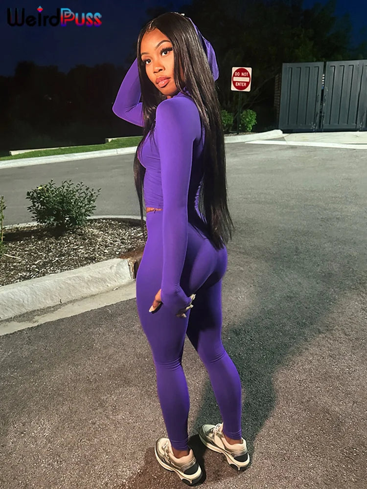 Weird Puss Sporty Casual 2 Piece Set Women Tracksuit Hooded Zip Crop Tops+Leggings Fitness Soft Stretch Streetwear Activity Suit