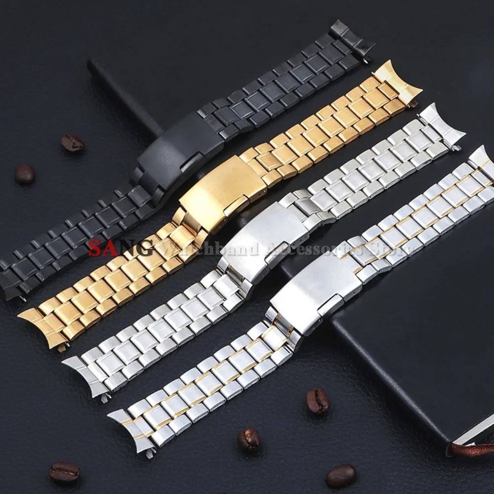 Curved End Watchband Men Women Metal Bracelets 20mm 22mm Stainless Steel Sport Strap Universal Replacement Wristband Accessories
