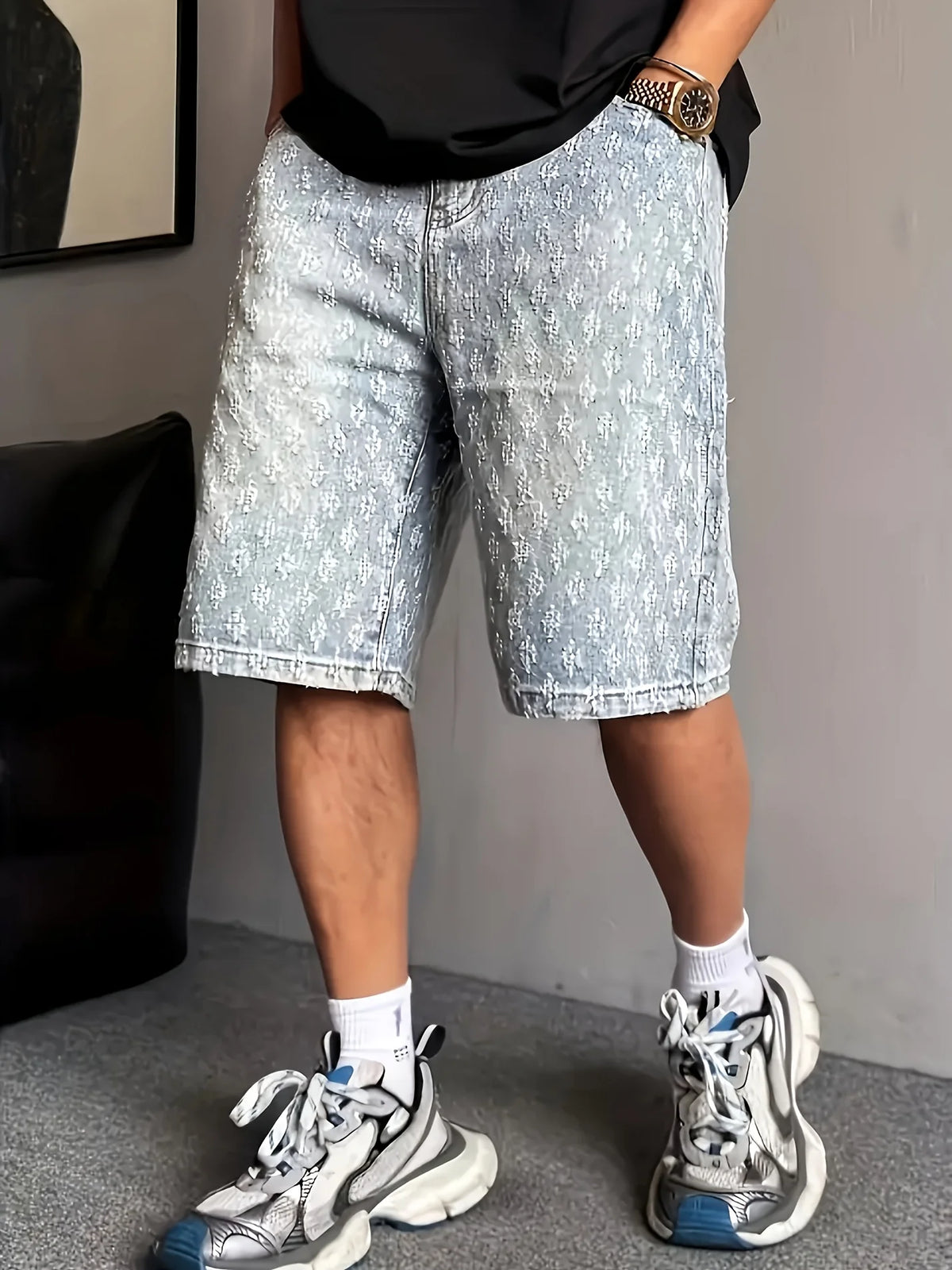 High Street Trendy Ripped Denim Shorts for Men, Plus Size, American Style, Loose Straight-Leg Washed Denim Shorts for Summer