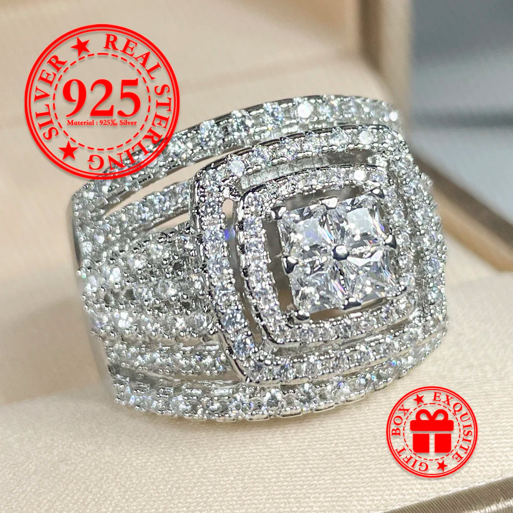 Classic Geometric Full-Diamond White Zircon Ring For Women 925 Silver Openwork Jewelry For Valentine's Day Men's Ring