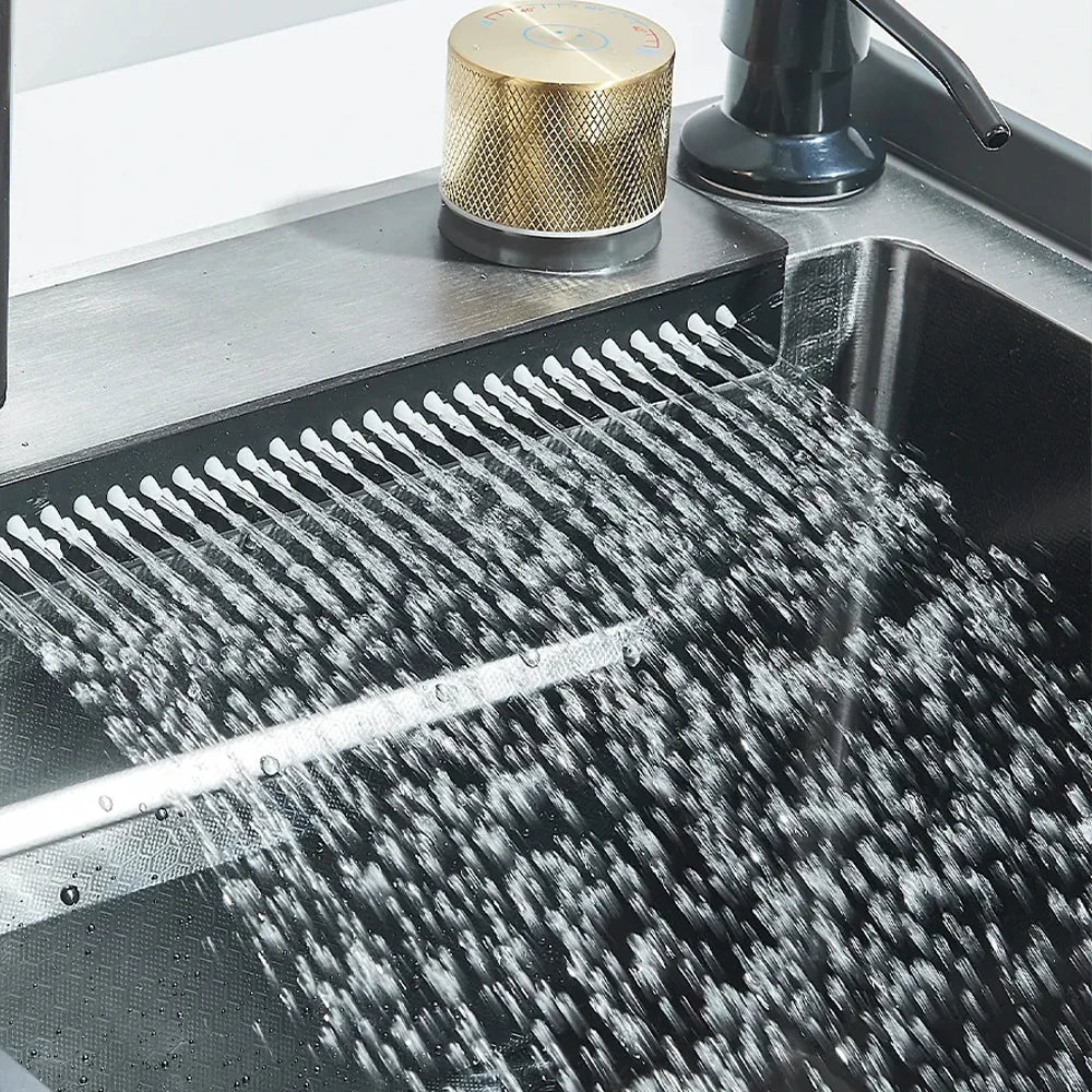304 Stainless Steel Waterfall Kitchen Sink Large Single Slot Integrated Faucet Set Soap Dispenser/Pure Water/Cup Washer