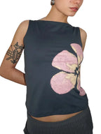 2025 New Fashion Women's Crop Tank Tops Fitted Flower Print Boat Neck Sleeveless Summer Tops for Party Club