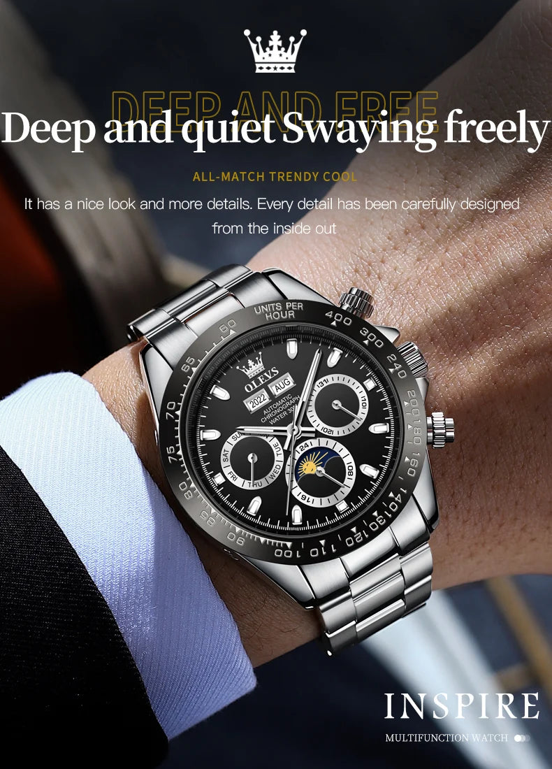 OLEVS 6654 Mens Watch Fashion Chronograph Automatic Mechanical Wristwatch Waterproof Luminous Function Top Brand Watch for Man