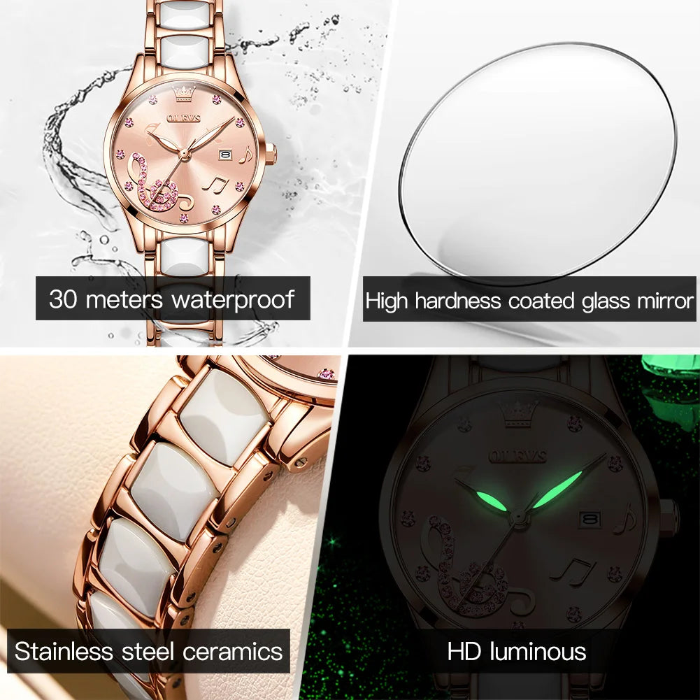 OLEVS 3605 Women's Watches Top Brand Fashion Mechanical Wristwatch Zircon Scale Watch for Ladies Waterproof Chronograph Date