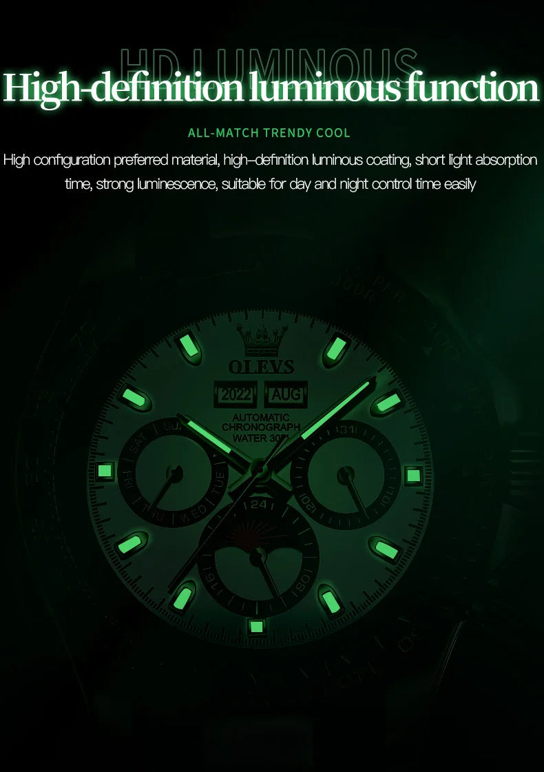 OLEVS 6654 Luxury Brand Original Automatic Man Watch Stainless Steel Waterproof Moon Phase Dual Calendar Mechanical Wristwatches