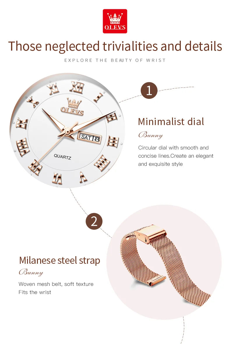 OLEVS 2920 Women's Watch Top Quality Stainless Steel Waterproof Double Calendar Quartz Watch Classic Fashion Luxury Women Watch