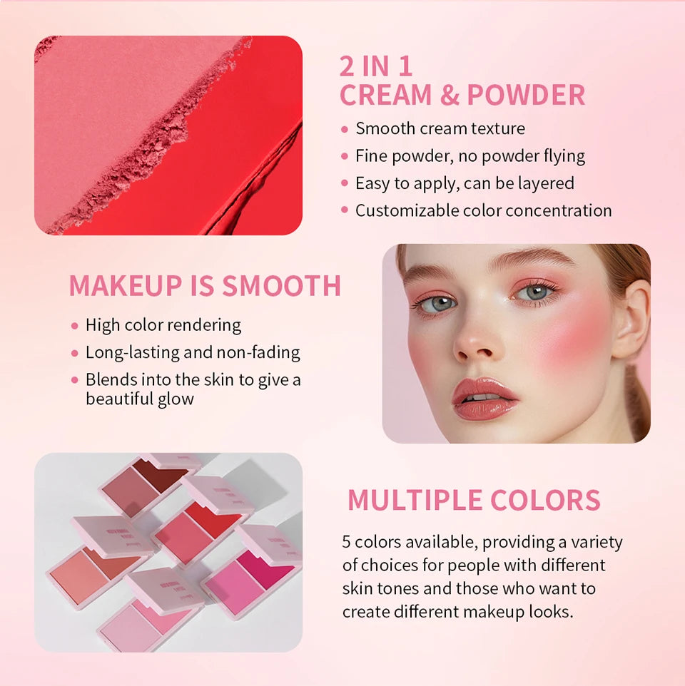2IN1 Creme & Powder Blush Matte Natural Blush Eye Makeup Palette Long Lasting High Color Rendering Bright Pinky Patrick Ta Blush