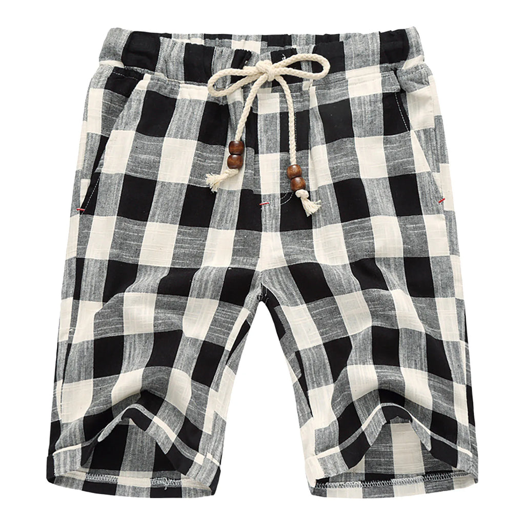 Casual Shorts For Men Gym Sports Elastic Waist Wide Leg Breathable Shorts Fashion Checkered Printed Beach Cotton Linen Shorts