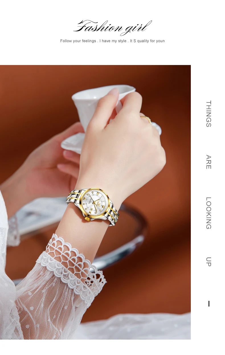 OLEVS 2906 Couple Watch Pair Luxury Diamond Shaped Steel Strap Calendar Week Quartz Wristwatch Men Women Luxury Lovers Watches