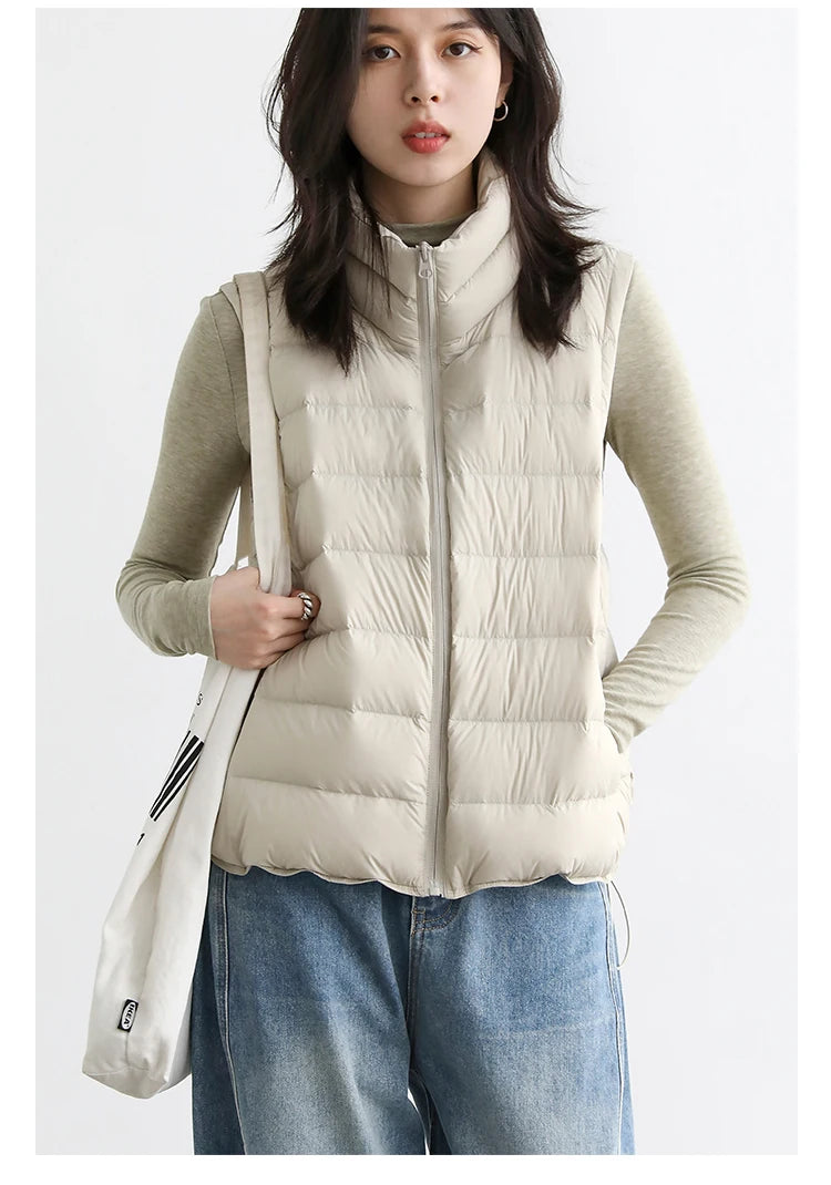 CHIC VEN New Women Down Coats Sleeveless Lightweight 90 White Duck Down Stand Up Collar Female Down Vest Autumn Winter 2026