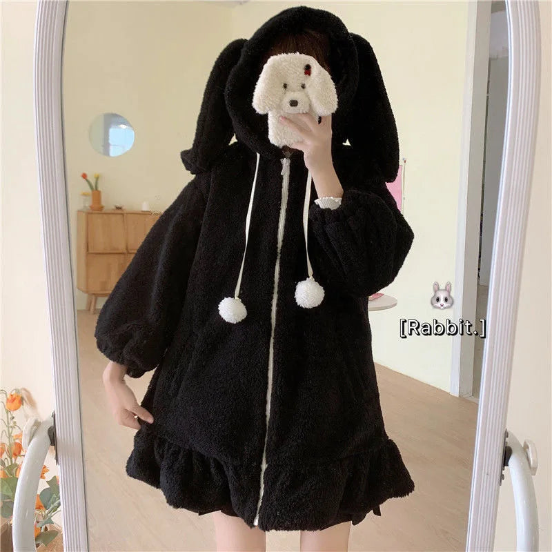 Kawaii Hoodies Women Lolita Winter Warm Lambswool Oversized Sweatshirt Cute Bunny Ears Long Sleeve Zip Up Hooded Fleece Jacket