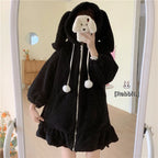 Kawaii Hoodies Women Lolita Winter Warm Lambswool Oversized Sweatshirt Cute Bunny Ears Long Sleeve Zip Up Hooded Fleece Jacket