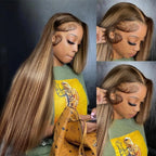 Highlight Wig 13x4 HD Lace Front Wigs Human Hair 250% Density  Straight Lace Closure Wigs Human Hair 4/27 Honey Blonde Lace Frontal Wig for Women 16 Inch