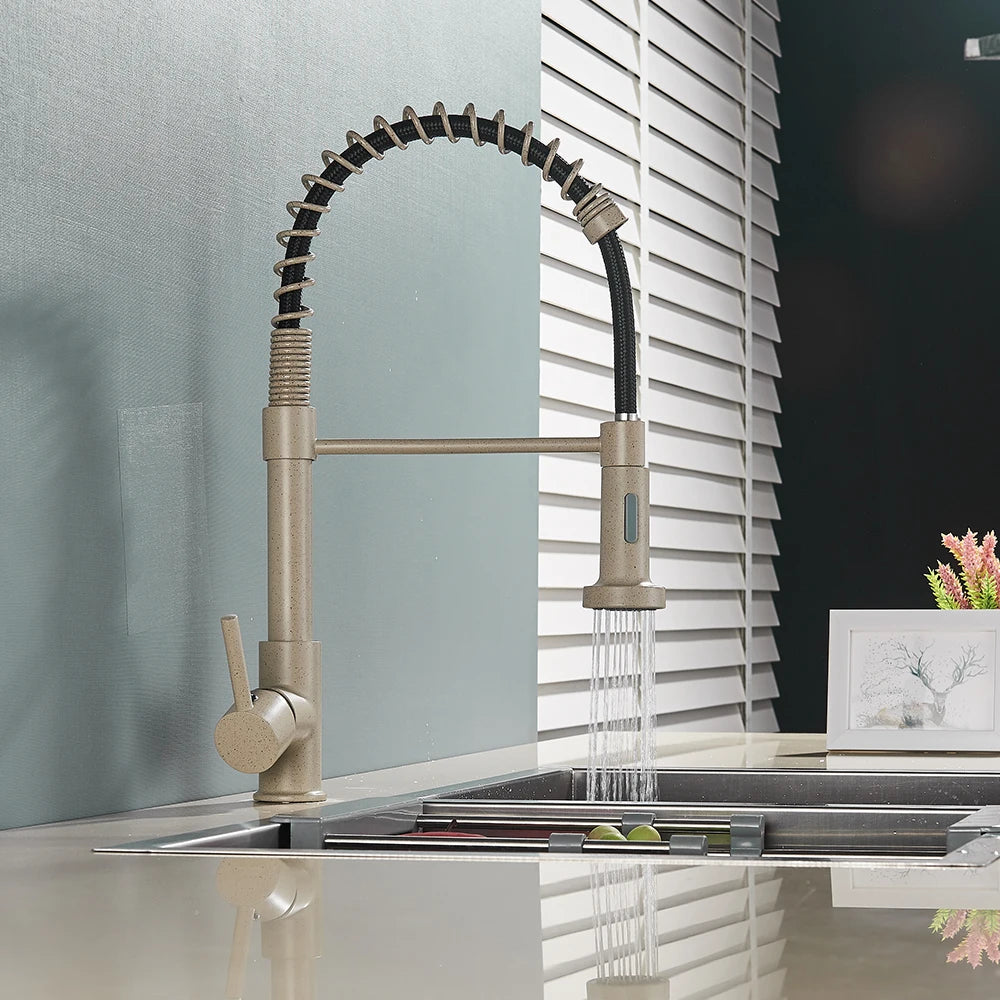 Kitchen Faucet Sink Faucet One Handle Spring Hot and Cold Water Tap Deck Mounted  Stream Sprayer Stainless Steel