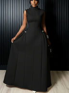 Women High Neck Sleeveless Fitted Floor Length Maxi Dress With Side Flared Detail For Formal Gala Wedding And Evening Party Occasion