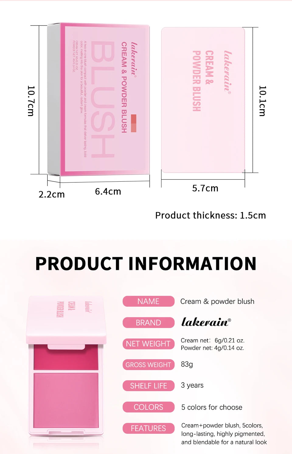 2IN1 Creme & Powder Blush Matte Natural Blush Eye Makeup Palette Long Lasting High Color Rendering Bright Pinky Patrick Ta Blush