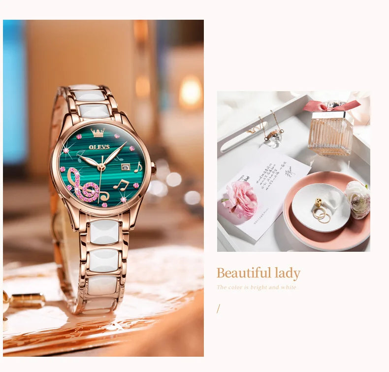 OLEVS 3605 Women's Watches Top Brand Fashion Mechanical Wristwatch Zircon Scale Watch for Ladies Waterproof Chronograph Date