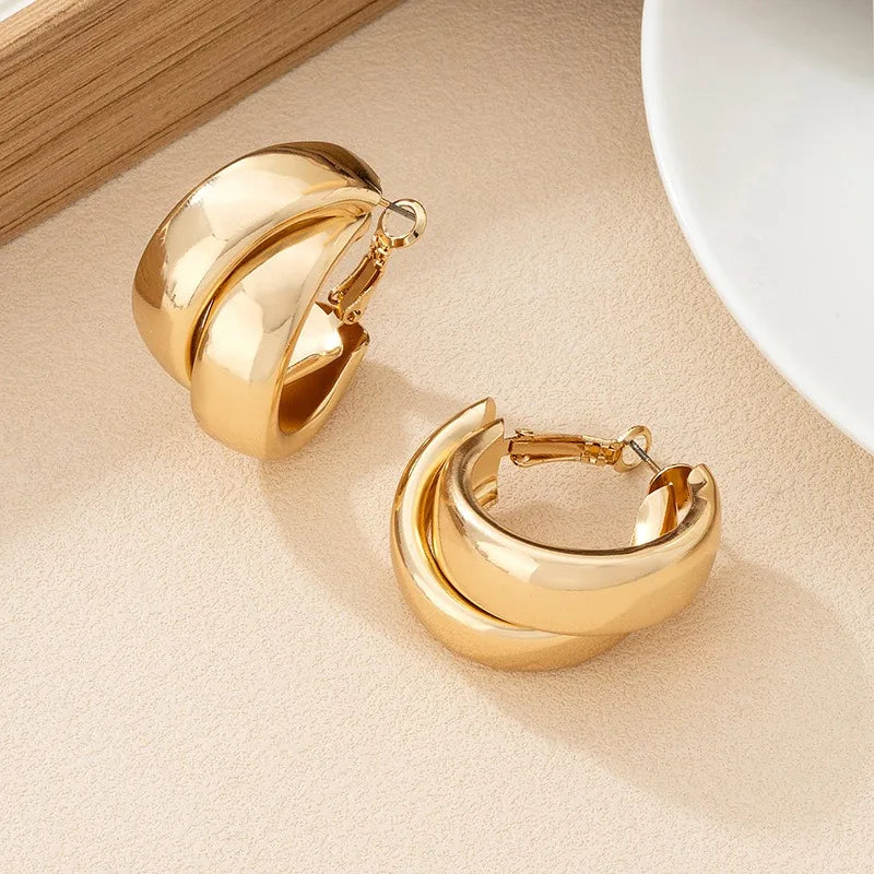Vintage Stainless Steel Double-Layer Hoop Earrings For Women Fashion Geometric Round Drop Earrings Trendy Party Jewelry