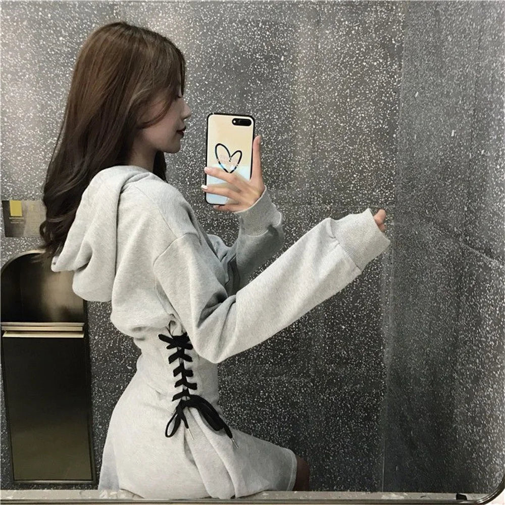 Streetwear Mini Dress Spring Autumn Korean High Waist Lace Up Slim Vestidos Women Harajuku Hooded Bandage A Line Dresses