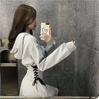 Streetwear Mini Dress Spring Autumn Korean High Waist Lace Up Slim Vestidos Women Harajuku Hooded Bandage A Line Dresses