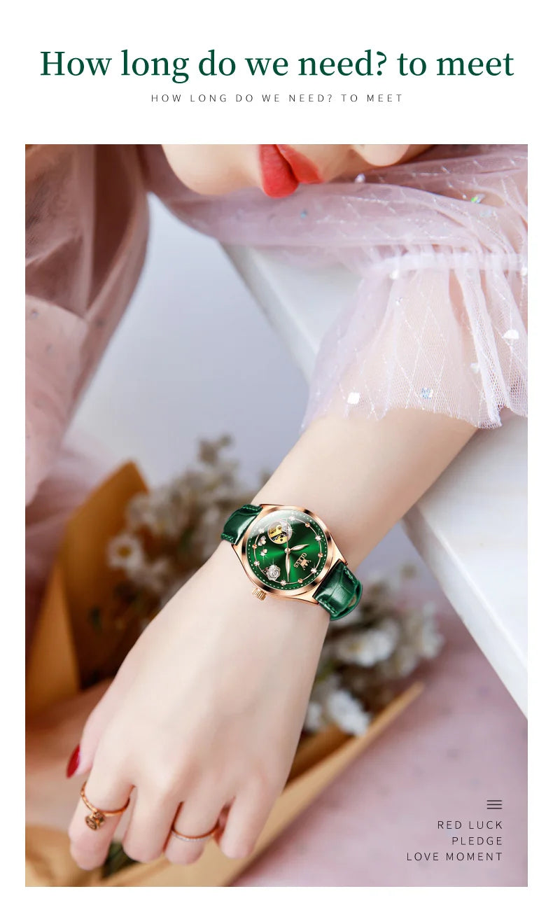 OLEVS 6601 Green Leather Strap Women Watch Automatic Mechanical Movement Waterproof Diamond Fashion Watch