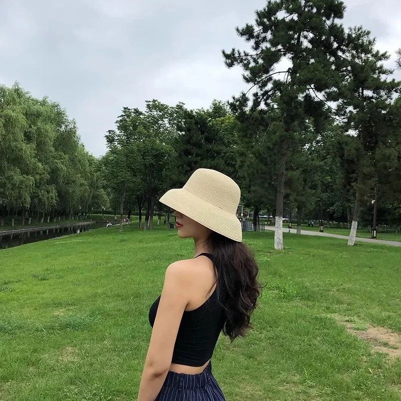 Summer Elegant Dome Straw Hats Women Girl 13cm/8.5cm 2 Sizes Solid Color Beach Sun Hat Foldable Portable Travel Holiday Panama