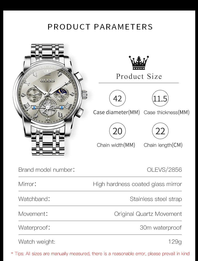 OLEVS Men's Watches Classic Multifunctional Flywheel Design Stainless steel Waterproof Moon Phase Men's Wristwatches 2024 Trend