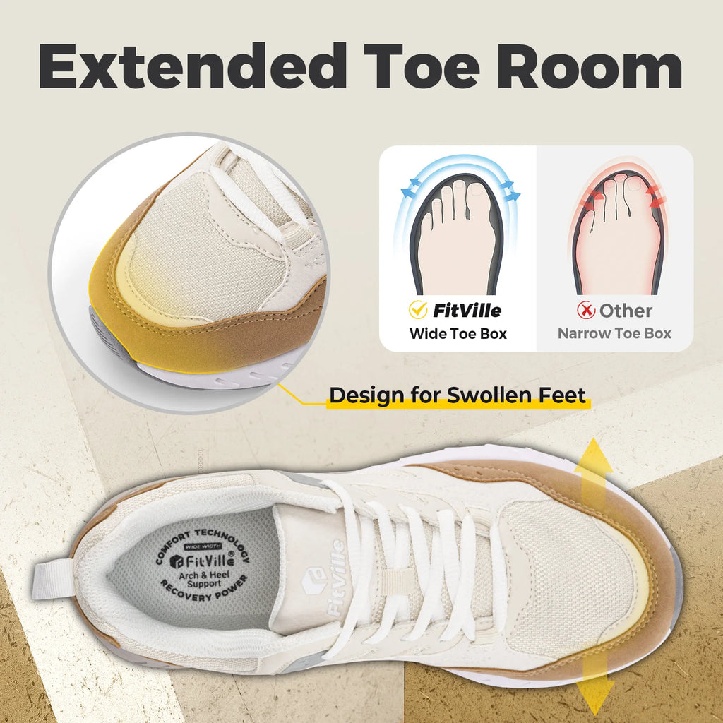 Fitville Extra Wide Walking Shoes for Women Breathable Dad Shoes Retro Casual Sneakers With Arch Support Flat Feet Heel Pain