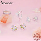 BAMOER 925 Sterling Silver Purple Flower Finger Ring Enamel Wreath Ring for Women Girls Birthday Gift Party Jewelry
