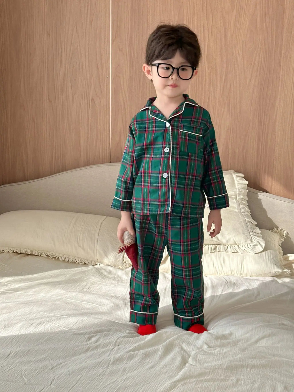 Merry Christmas Kids Pure Cotton Pajamas Set Plaid Print Turn-down Collar Button Shirt Trousers 2 Pieces Suit Homewear Xmas Look
