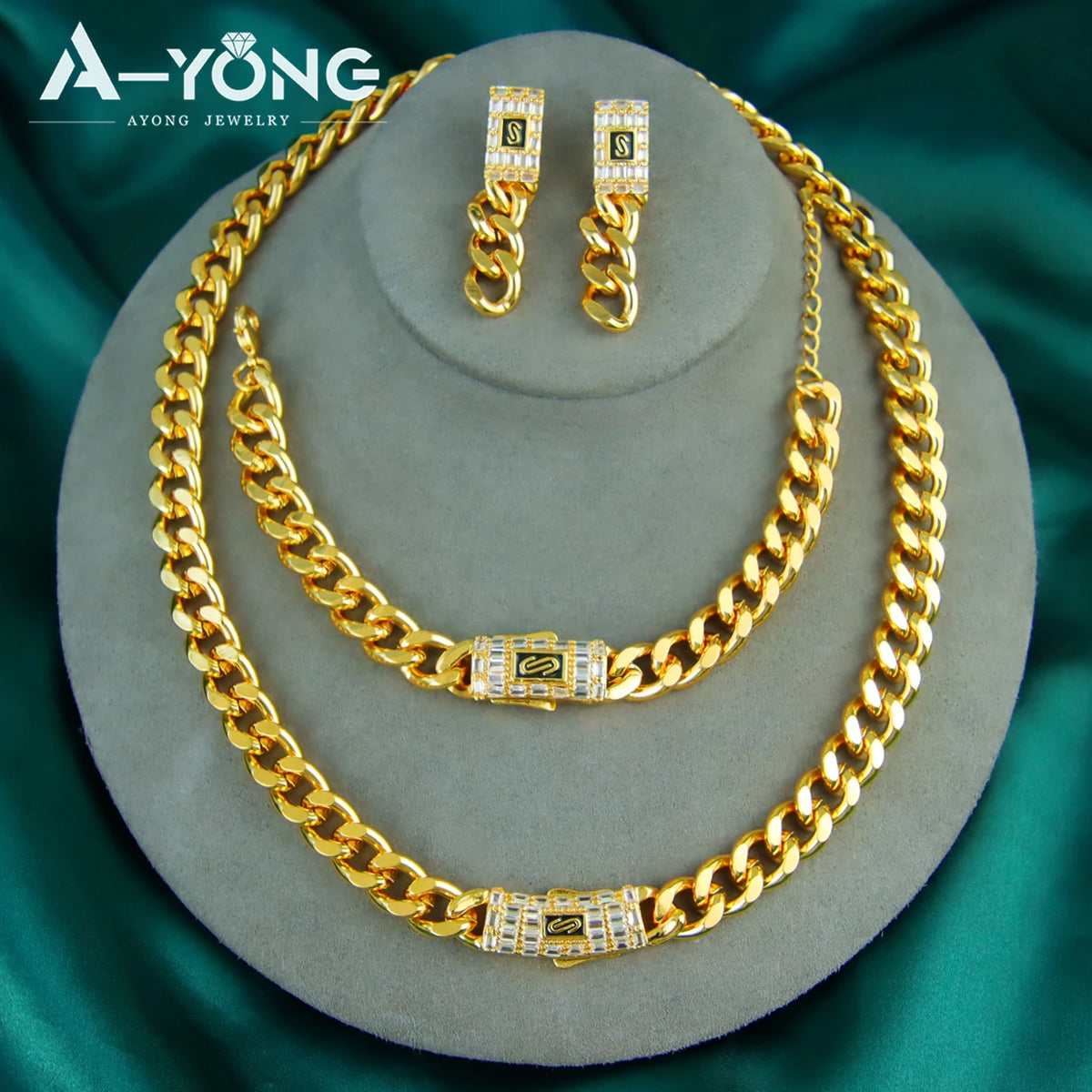 Monaco Zirconia Chunky Cuban Jewelry Set 24k Gold Plated Italian Hip Hop Necklace Bracelet Earrings Dubai Women Fashion Jewelrys
