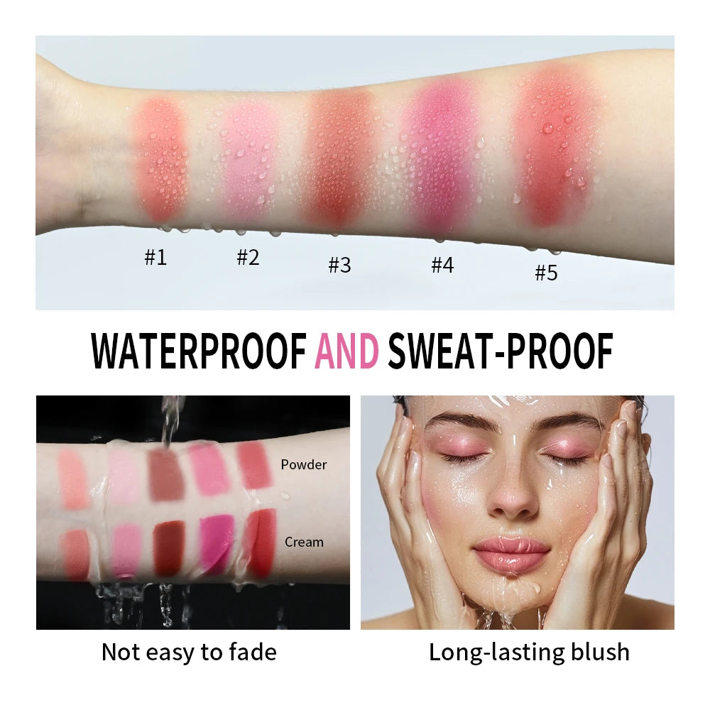 2IN1 Pink Blush Matte Dewy Rosy Blush With Brush Makeup Pan Long Wearing High Pigment Orange Red Cream & Powder Blush Palette