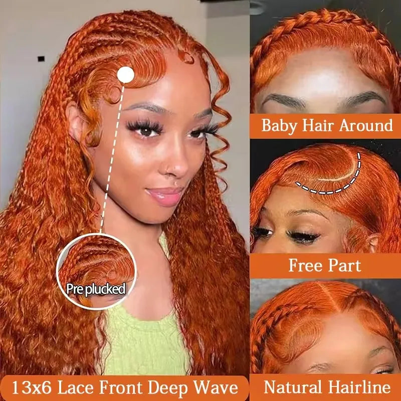 Orange Ginger Lace Front Wig Human Hair 13x6 Deep Wave Lace Front Wigs 40 Inch Water Wave Human Hair Wig Pre Plucked Curly Wigs