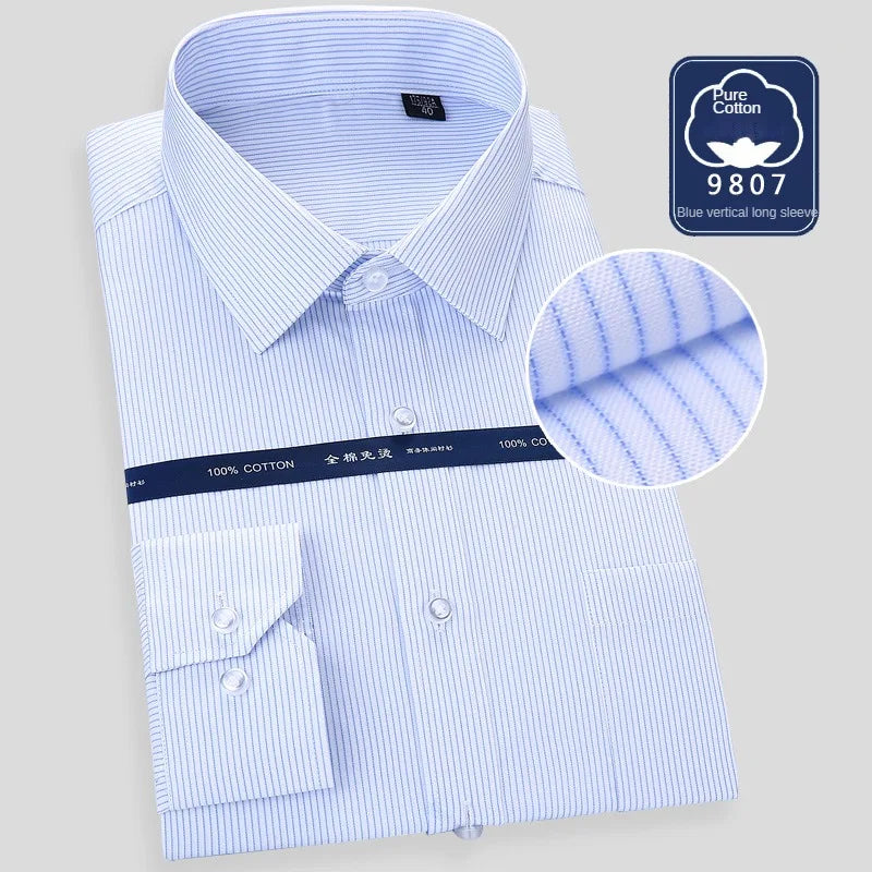 High Quality Free Ironing Men Dress Long Sleeve Shirt 100% Pure Cotton New Solid Male Regular Fit Business Shirt White Blue