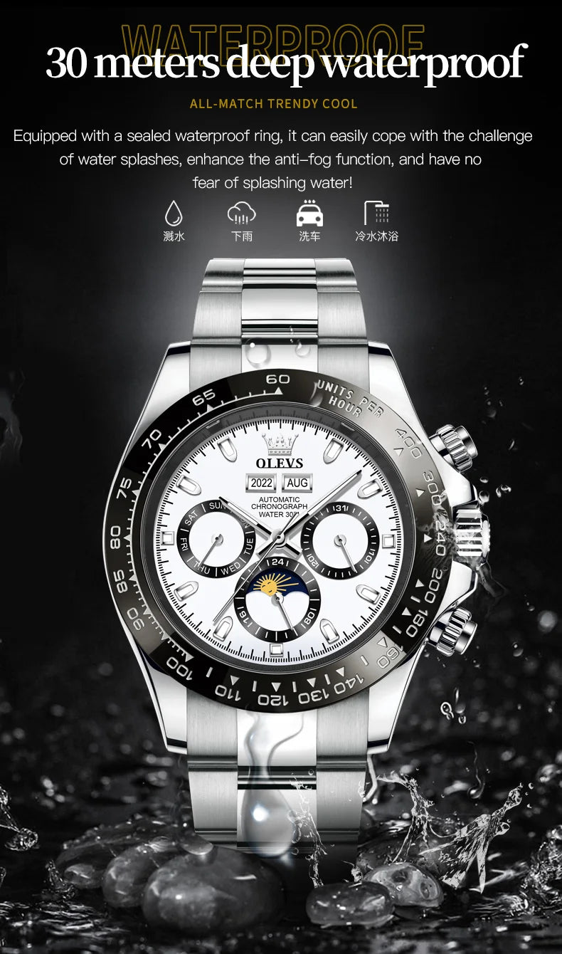 OLEVS 6654 Luxury Brand Automatic Mechanical Watch for Men 30m Waterproof Luminous Chrono Moon Phase Calendar Original Man Watch