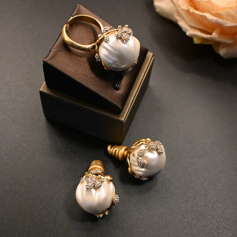 Brass Inlaid Baroque Pearl Flower Bud Stud Ring Set