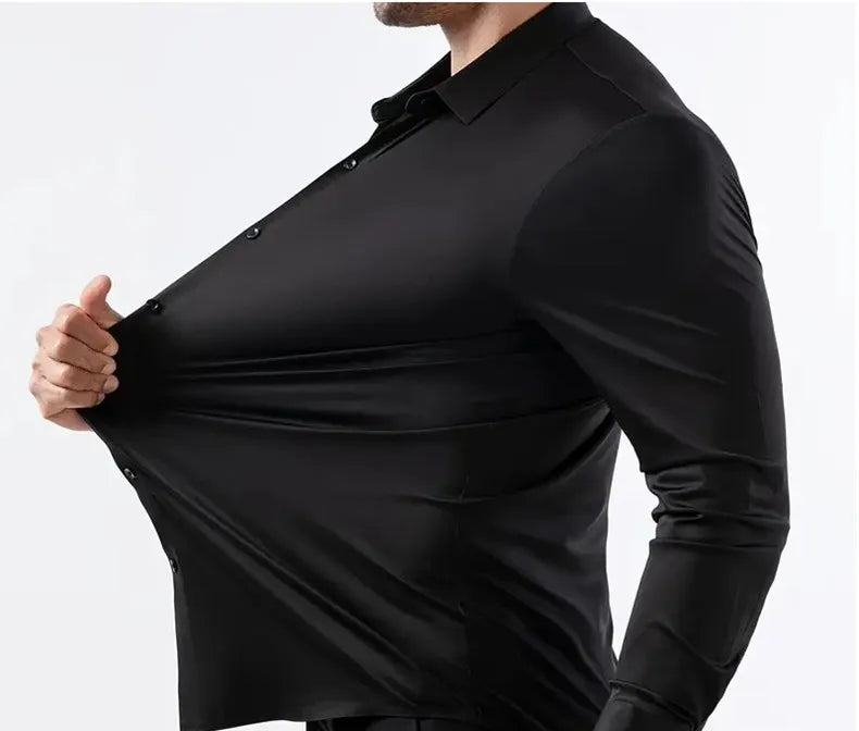 New Design Men's Solid Shirt Long Sleeve Autumn High Elasticity Casual Wrinkle Free No ironing Business Formal White Blue Social
